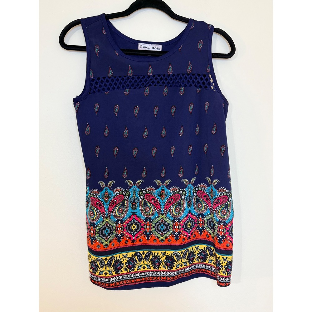 Carol Rose Navy Blue Paisley Border Print Sleeveless Top Crochet Cutout Small
